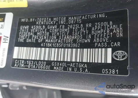 2015 Toyota Avalon Xle из США, поврежденный, VIN 4T1BK1EB5FU183962